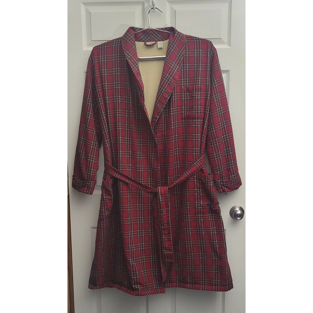 L.L. Bean Mens Flannel Lined Tartan Plaid Robe Red Belted Full Length XL Pockets